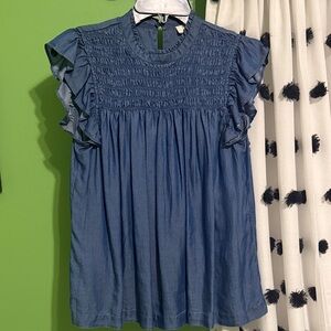 crown & ivy chambray Smocked Ruffle Sleeve Top XS